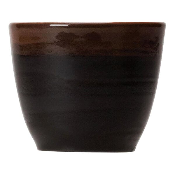 A close-up of a black and brown Steelite Koto tall cup.