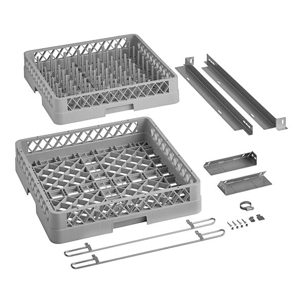A grey plastic dish rack with metal parts.