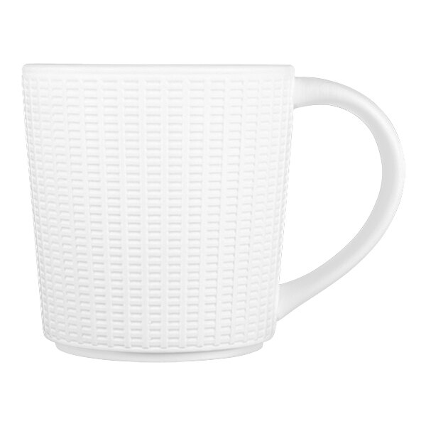 A Steelite white mug with a woven pattern on the handle.