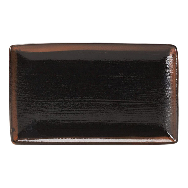 A Steelite black rectangular tray with a brown border.