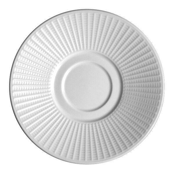 A close-up of a Steelite Distinction Willow white double well saucer with a circular pattern.