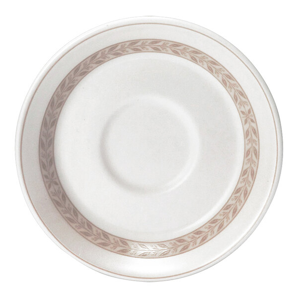 A white Steelite saucer with a brown and white circle design.