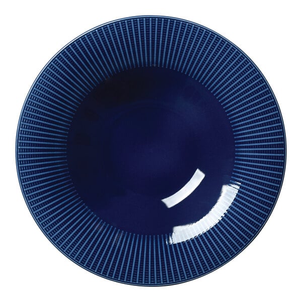 A Steelite Willow Azure coupe bowl with a blue circle and white lines on it.