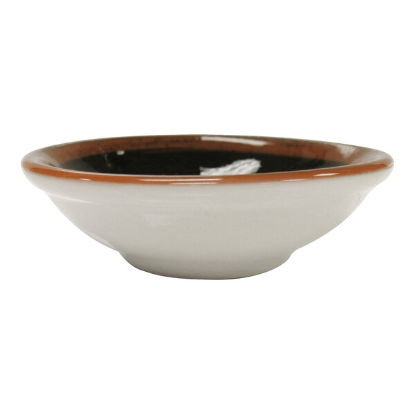 A white Steelite Koto sauce dish with a black and brown rim.