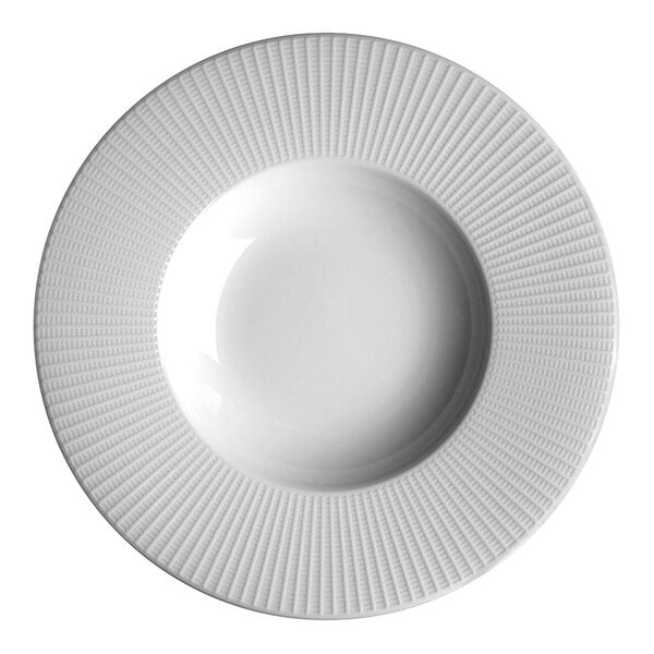 A Steelite white china bowl with a spiral design on the rim.