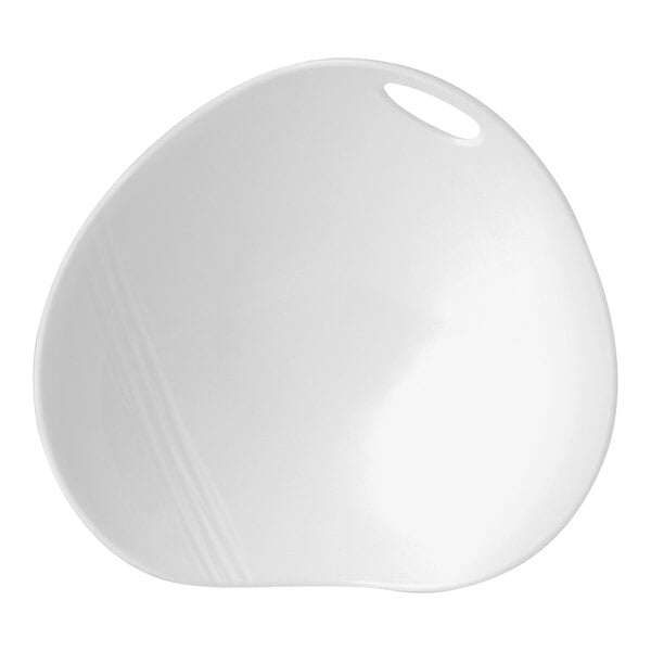 A close up of a white round Steelite bowl with embossed designs.