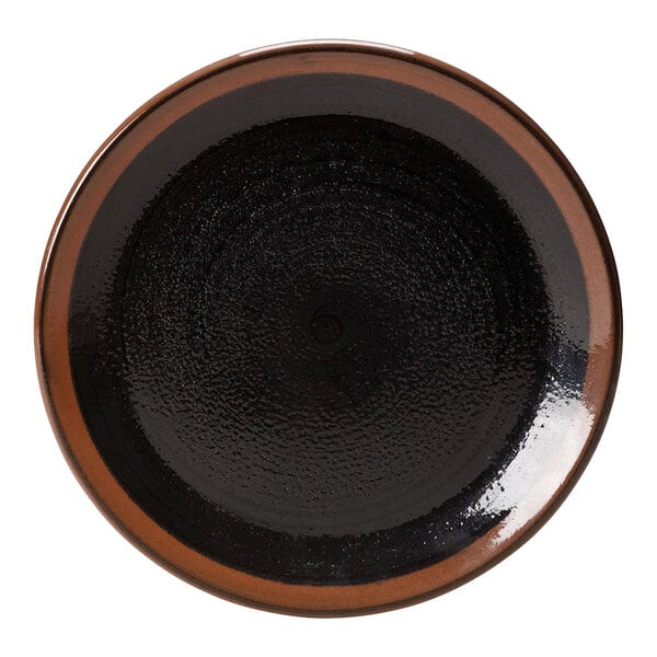 A Steelite Koto black coupe plate with a rim.
