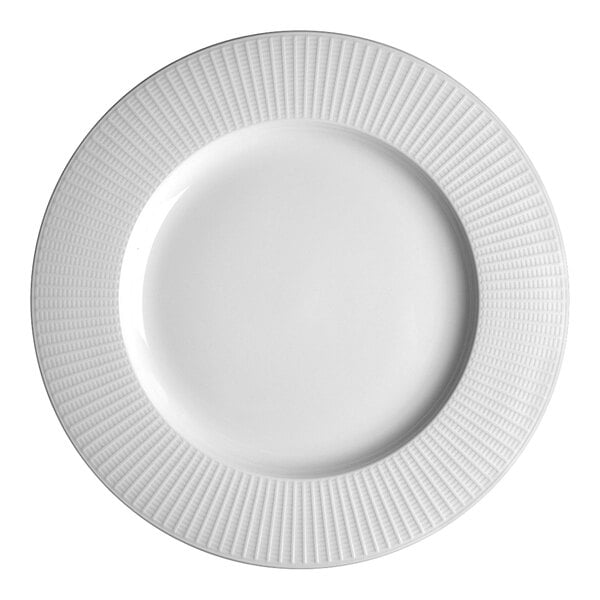 A white Steelite Distinction Willow china plate with a wavy pattern.