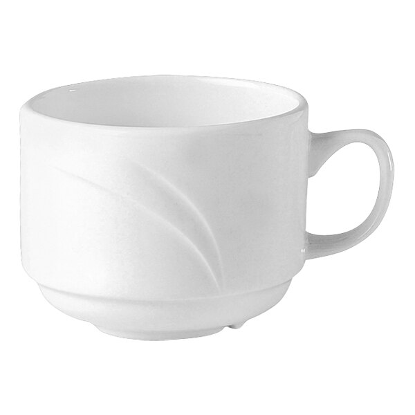 A Steelite white coffee cup with a handle.