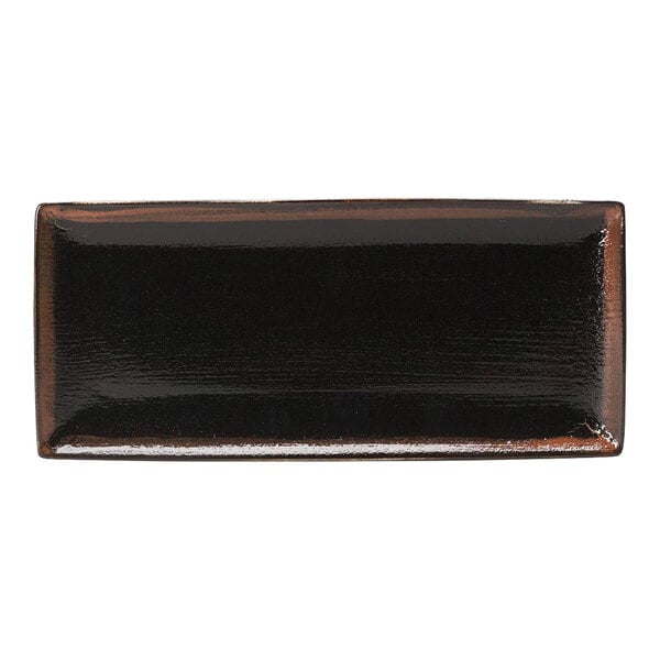 A black rectangular Steelite Koto tray with a brown edge.