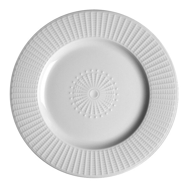 A close-up of a Steelite Willow white plate with a circular design.