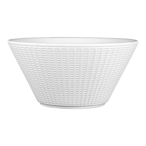 A close-up of a Steelite white bowl with a woven pattern.