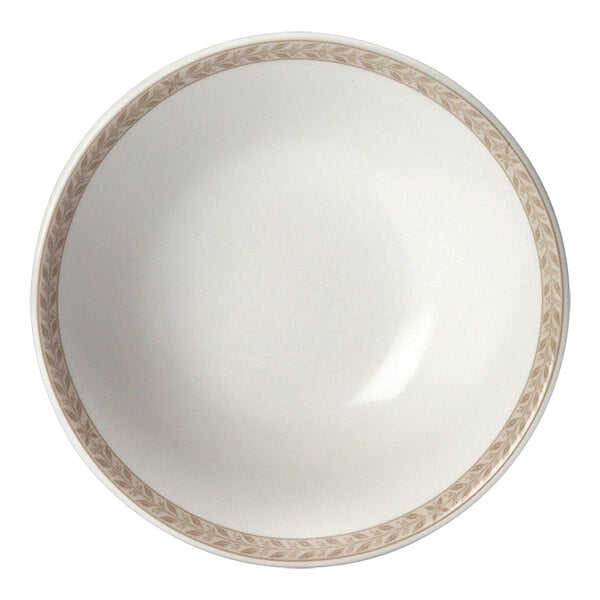 A white bowl with a gold rim.