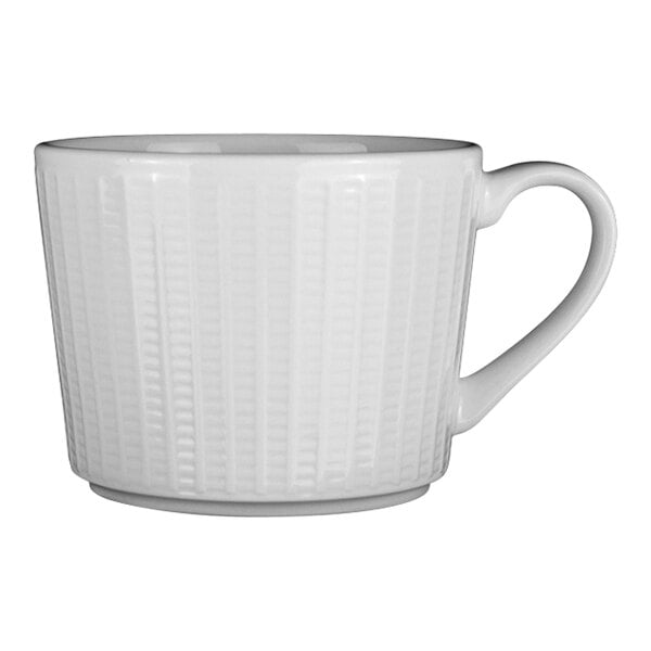 A Steelite Distinction Willow white can coffee cup with a handle.