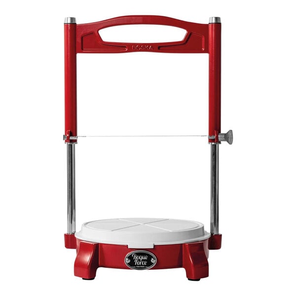 A red and silver Boska RoqueForce soft cheese cutter on a white stand.