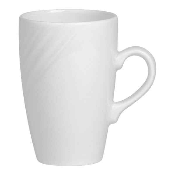 A Steelite Distinction white mug with a handle.