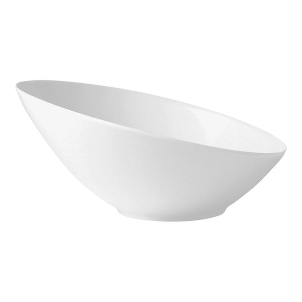 A close-up of a Steelite Distinction Sheer white bowl with a curved bottom.