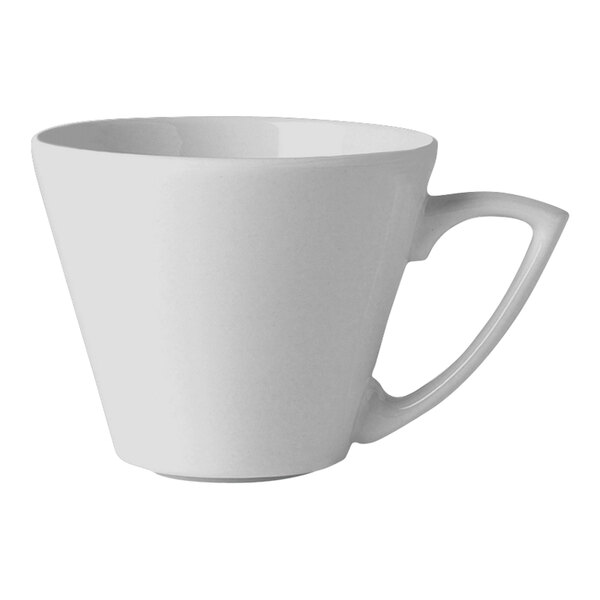 A Steelite Distinction Sheer white coffee cup with a handle.