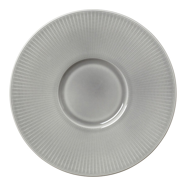 A close-up of a Steelite Willow Mist Gourmet plate with a circular pattern on it.