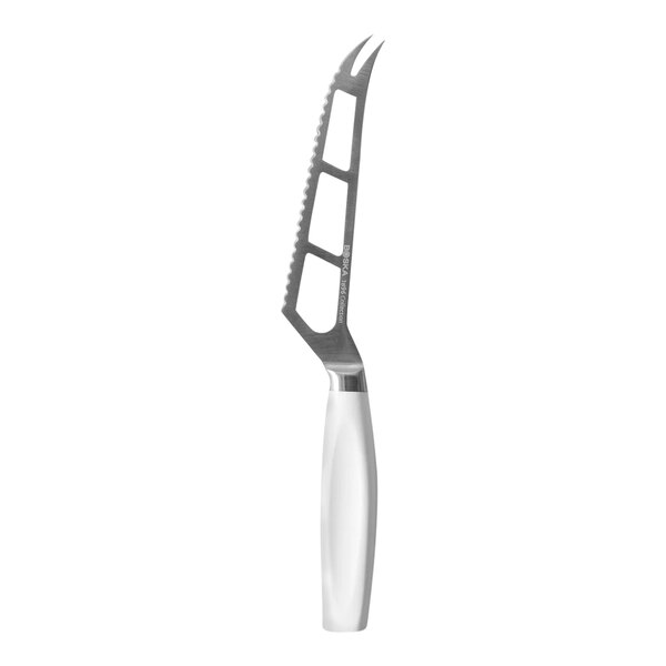 A Boska stainless steel cheese knife with a white handle.