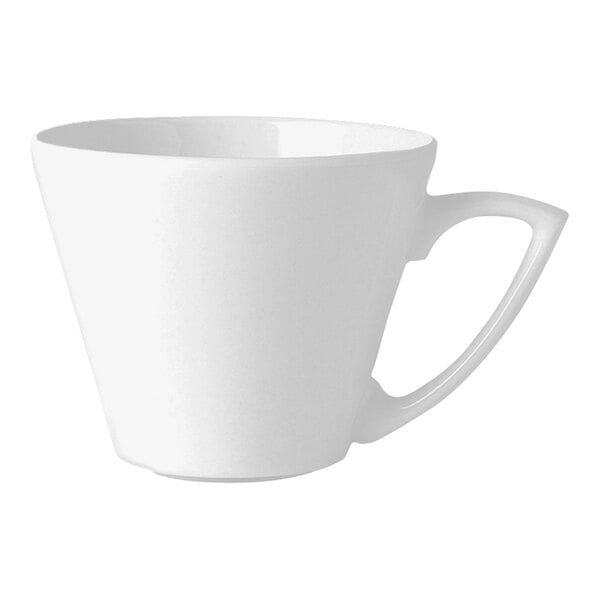 A Steelite Distinction Sheer white coffee cup with a handle.