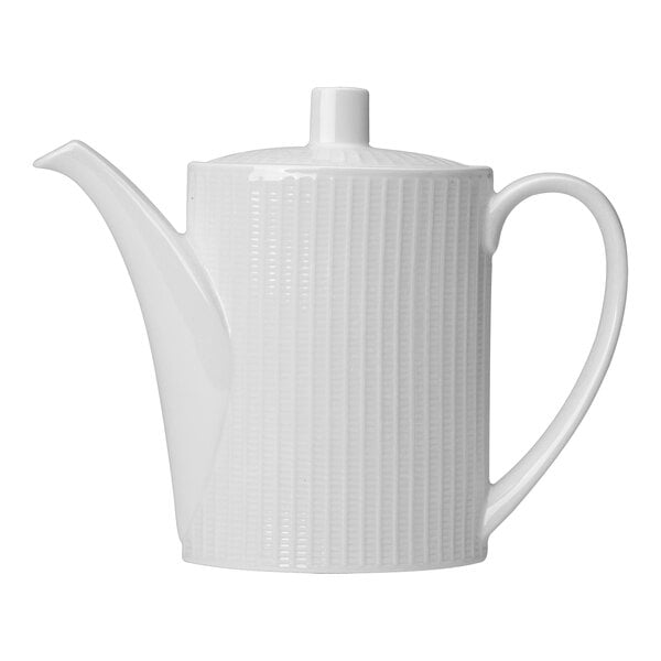 A close-up of a white Steelite Distinction Willow beverage pot with a handle.