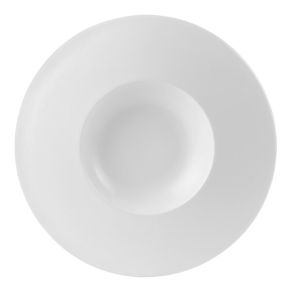 A white Steelite Distinction Float wide rim plate with a circle in the center.