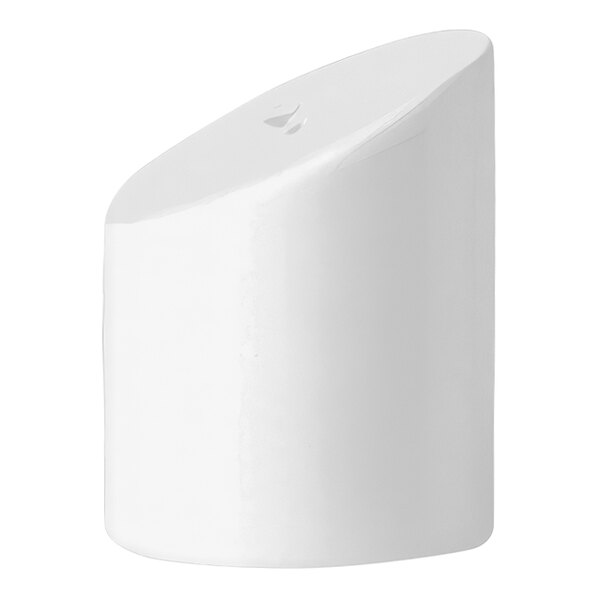 A white Steelite salt shaker with a white lid.