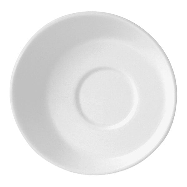 A Steelite Distinction Sheer white saucer with a white circle in the middle.