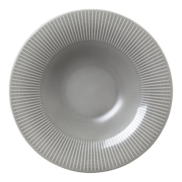 A gray Steelite Willow coupe bowl with a striped design on the rim.