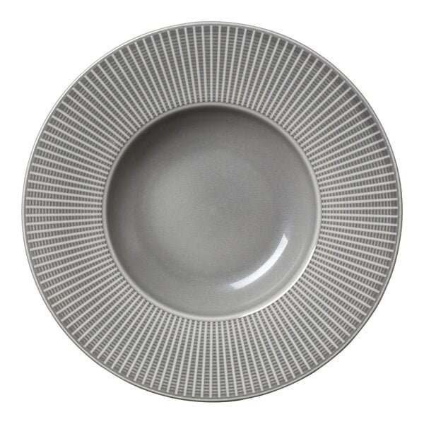 A Steelite Distinction Willow Mist Gourmet deep rim bowl in gray with a pattern on it.