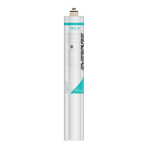 A white cylinder with blue and black text that reads "Everpure EV9595-51 7FC-P Water Filter Cartridge" and "0.5 Micron, 1.67 GPM"