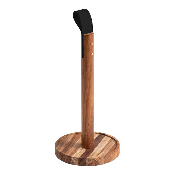 An Ironwood Gourmet acacia wood paper towel holder with a leather handle.