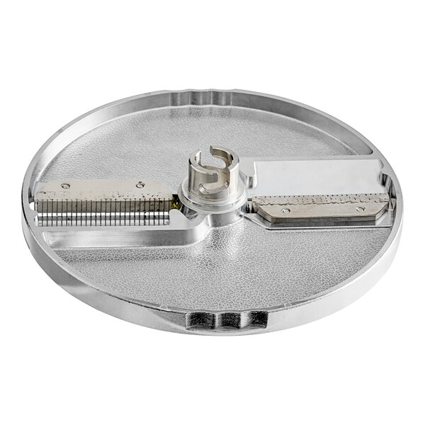 A round metal julienne plate attachment for a food processor, designed for creating 5/16 inch strips.