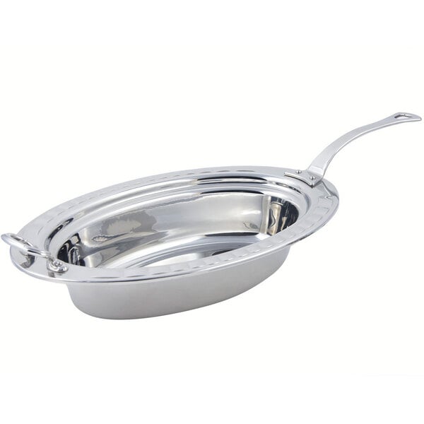 A stainless steel pan with an arch design and long stainless steel handle.