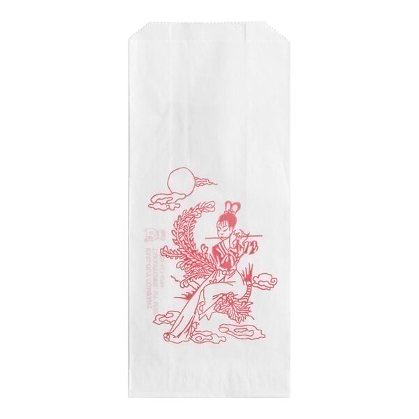 A white glassine bag with a red drawing of a woman playing a flute.
