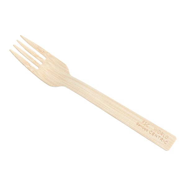 A World Centric compostable bamboo fork with a wooden handle.