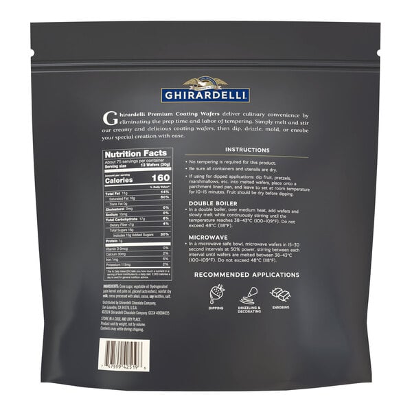 A black bag of Ghirardelli Dark Chocolate Coating Wafers on a counter.