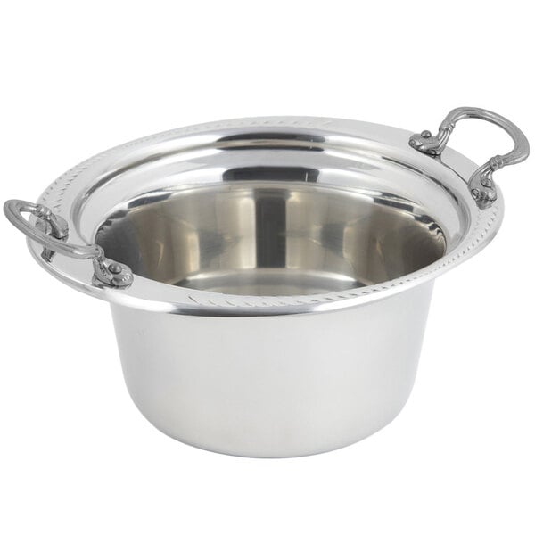 A silver stainless steel Bon Chef casserole food pan with round handles.