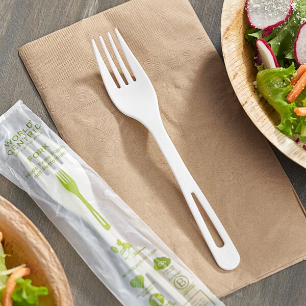 A World Centric compostable TPLA fork on a napkin next to a salad.