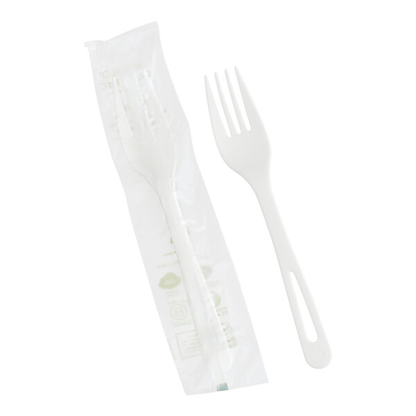 A World Centric compostable TPLA fork wrapped in plastic.