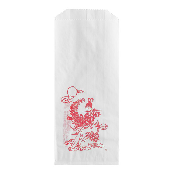 A white glassine bag with red lady designs.