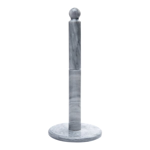 An Ironwood Gourmet white marble paper towel holder with a grey ball on top.