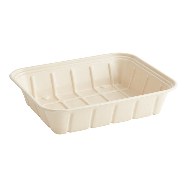 A white rectangular World Centric compostable fiber catering pan with a lid.