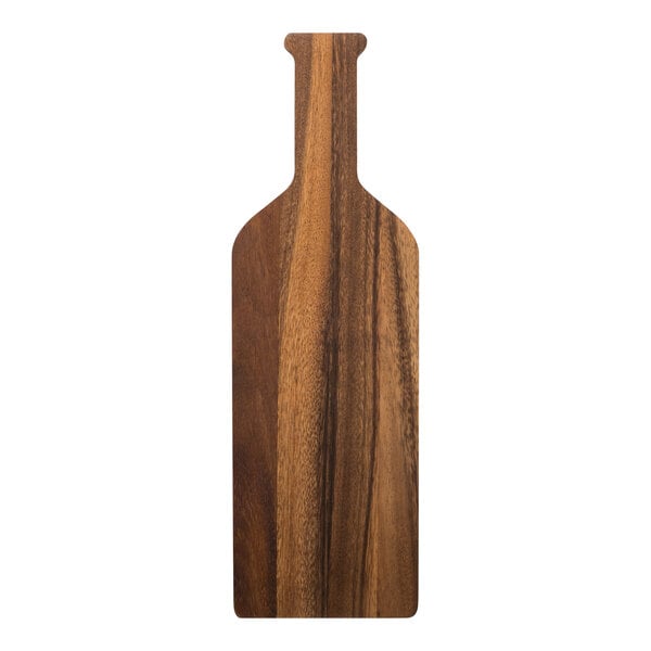 An Ironwood acacia wood wine bottle-shaped paddle board with a wood grain.