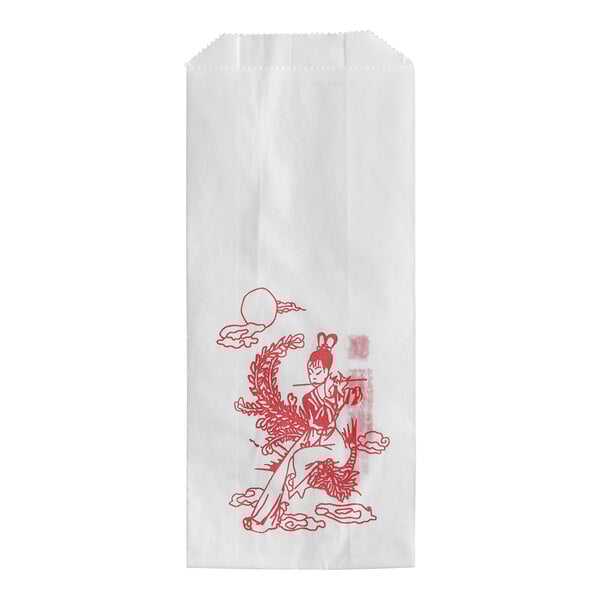 A white bag with red ink drawings of women playing flutes.