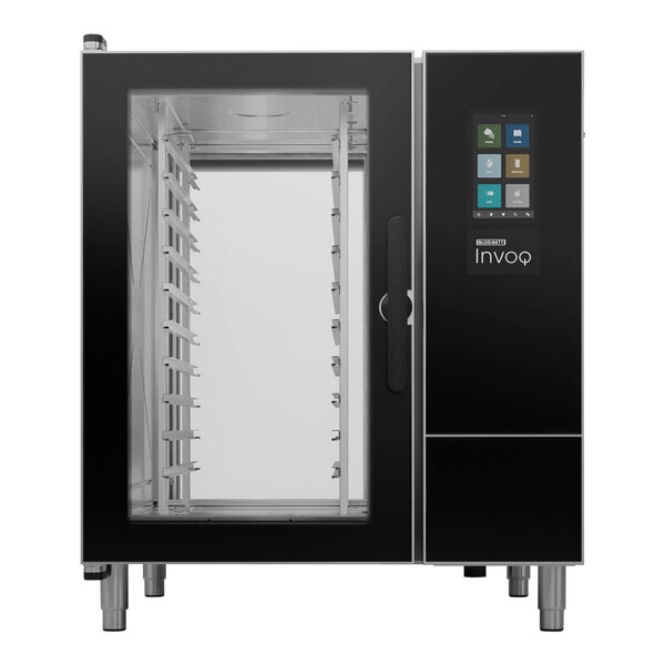 A black and silver Blodgett Invoq electric combi oven with a glass door.