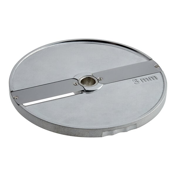 AvaMix stainless steel circular 1/8" slicing plate with a hole in the center.