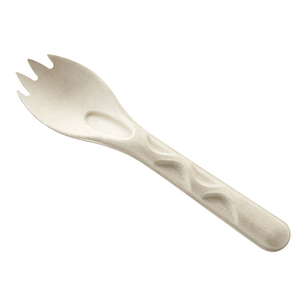 A white compostable fiber spork with a spiky handle.