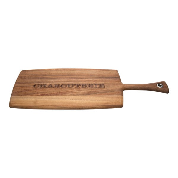An Ironwood acacia wood paddle board with charcuterie engraving.